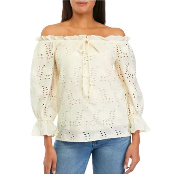 Chelsea & Theodore Eyelet Peasant Blouse Womens Size M Cream On/Off Shoulder - Picture 1 of 15